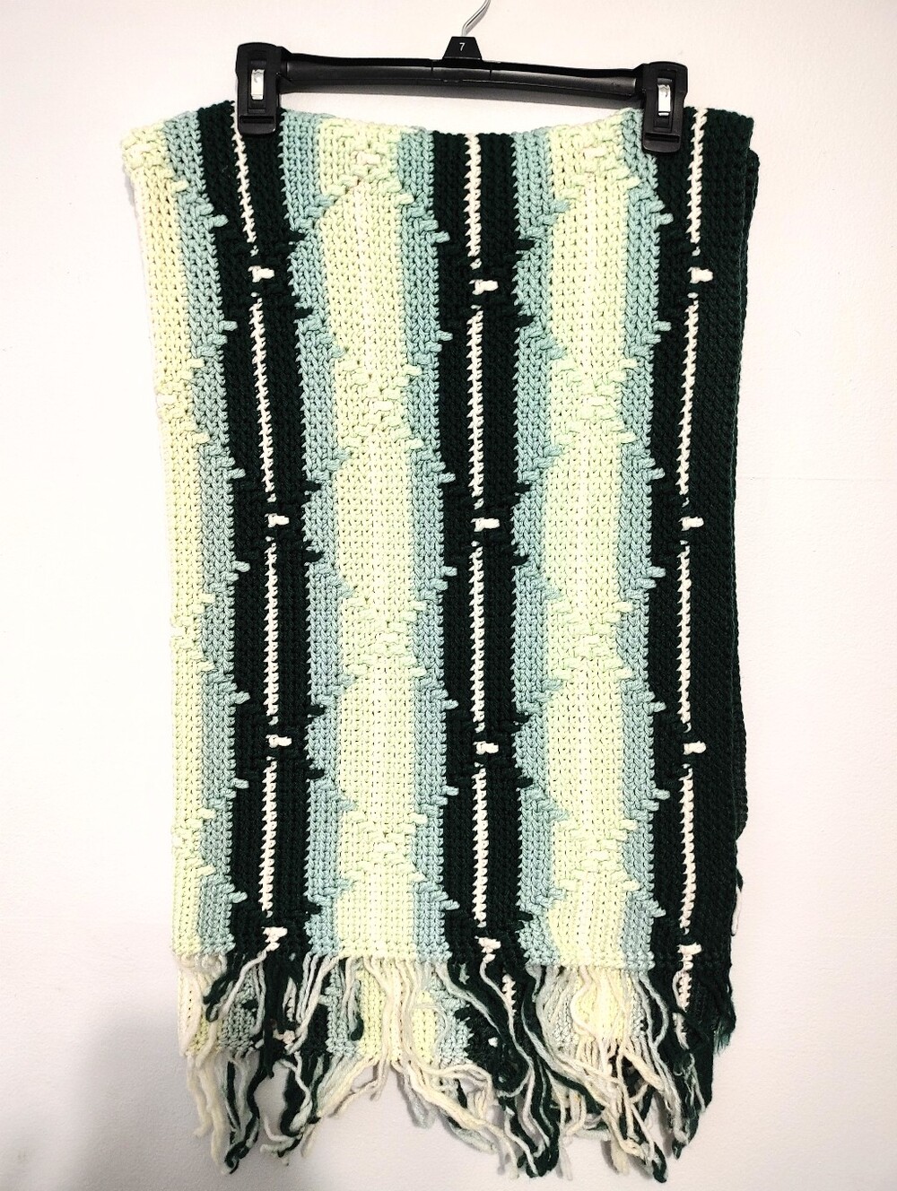 Handmade Crocheted Throw Lap Blanket in Dark Green/Pale Blue/Cream *bad fringe*